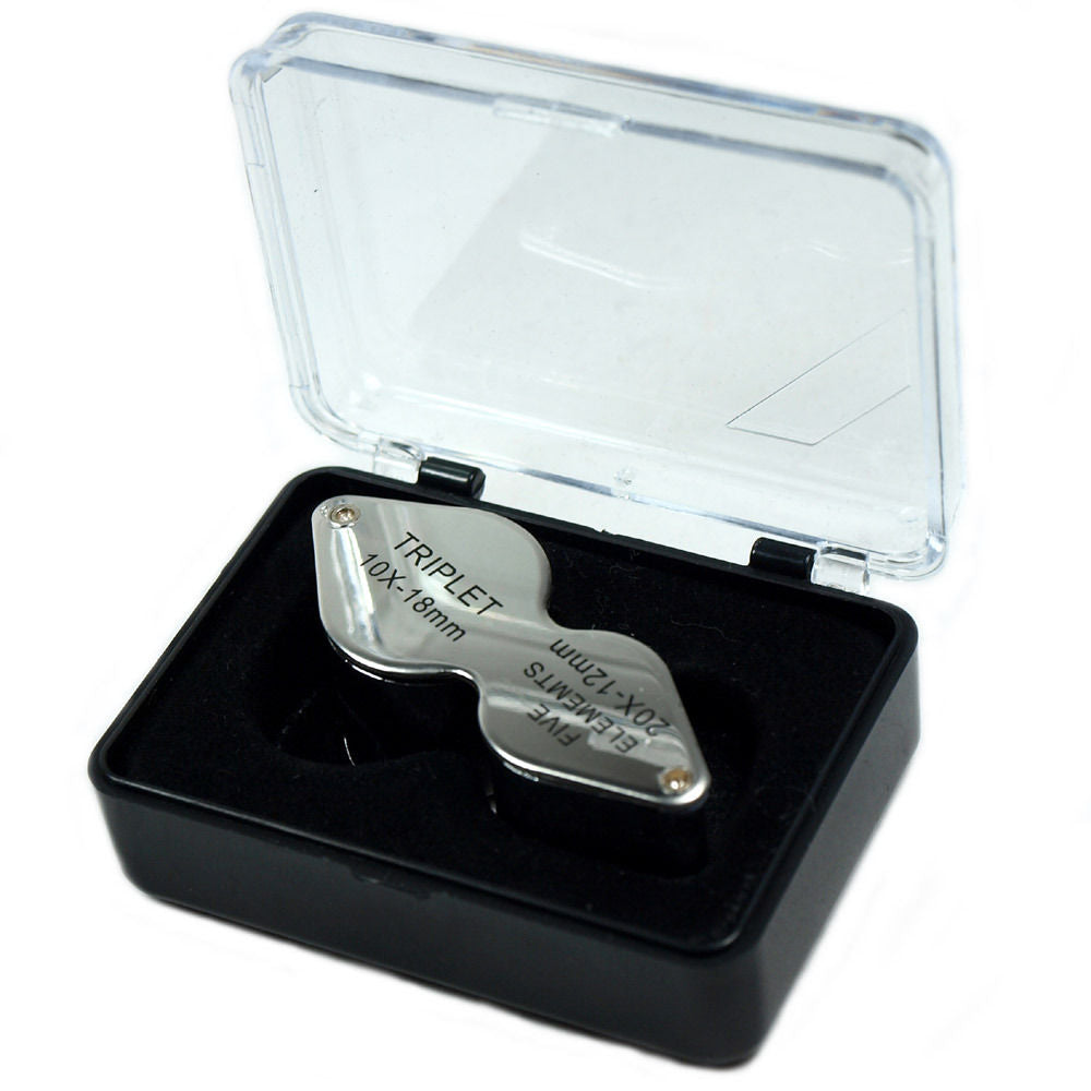 10x & 20x double lens dual power jewelers loupe with 18mm and 12mm lenses.  Value priced Chrome Plated metal body and dual glass lenses make this a  very useful and durable loupe.